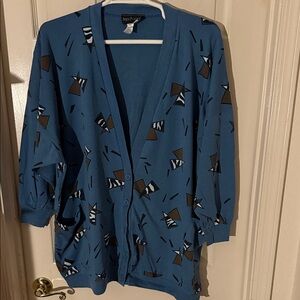 French Vanilla Teal Blue Geometric Print Cardigan